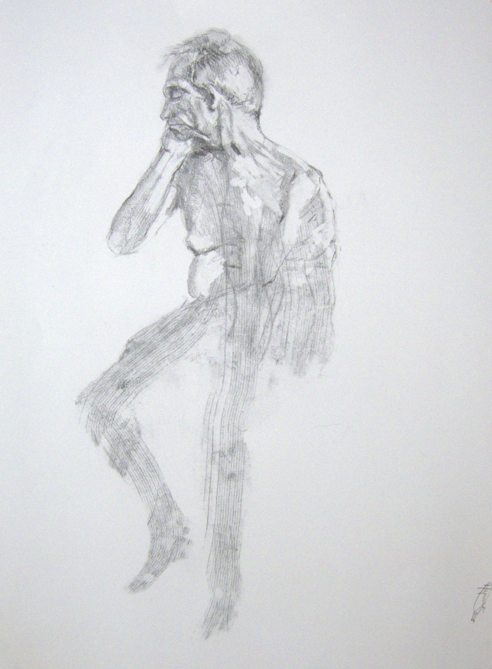 A pencil sketch of a shirtless man with glasses sitting with his hand resting on his cheek, drawn on white paper.