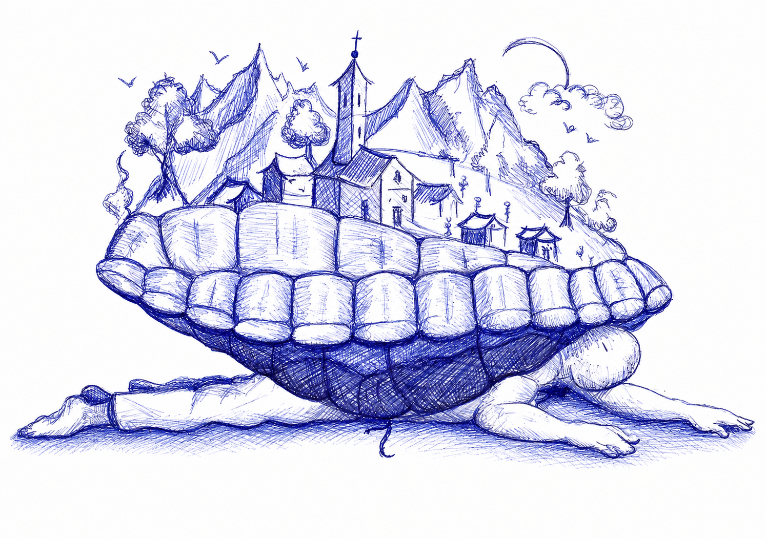 Tekening van een grote schildpad met een dorp en bergen op de rug, met een kerk, bomen, kleine huisjes, vogels, wolken, een halve maan en een persoon die onder de schildpad ligt.