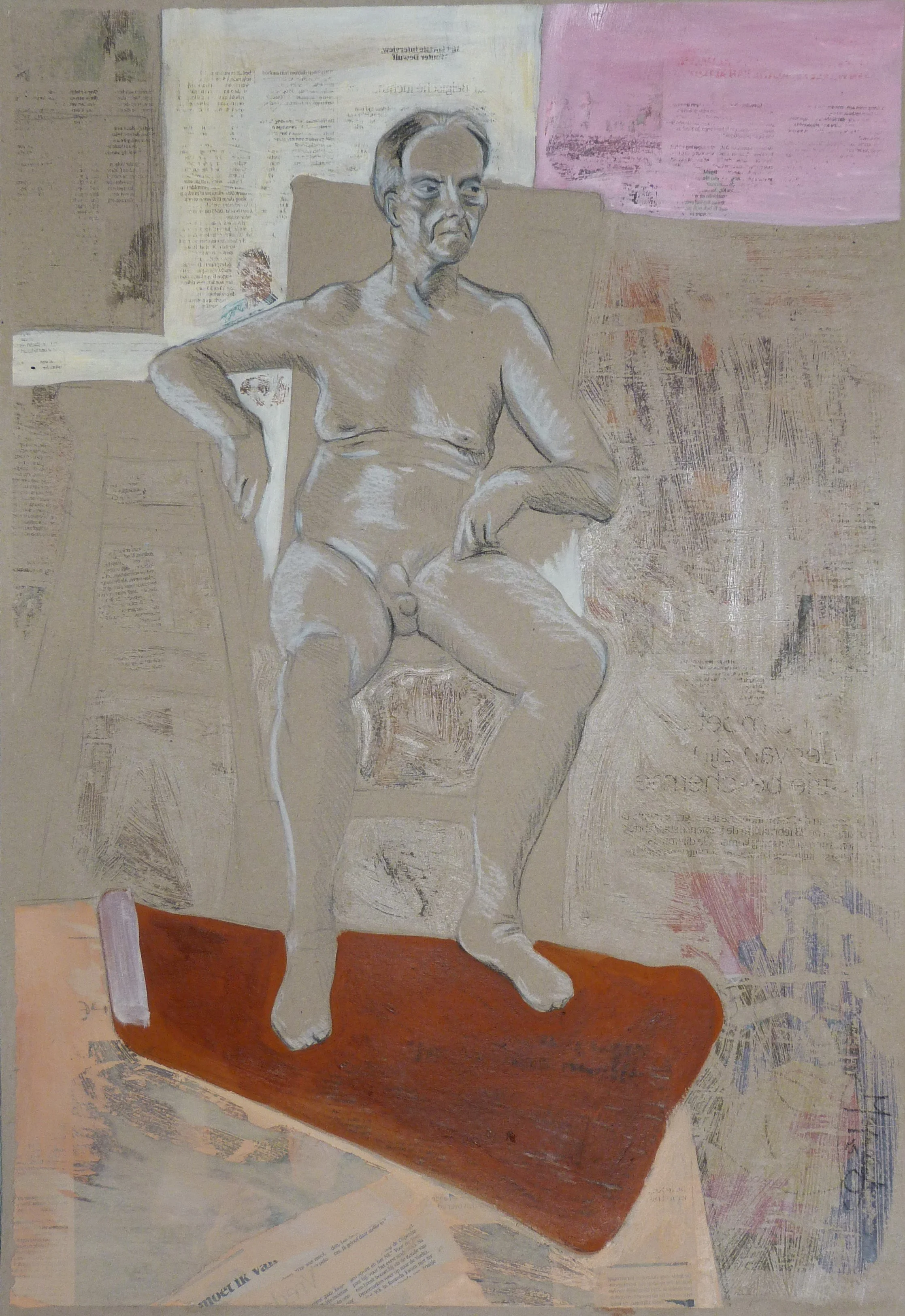A drawing of a man sitting bare-chested on a chair, with one arm resting on his hip and the other hanging down. The background consists of various newspaper and magazine clippings. The scene is rendered in muted tones with a focus on the man's figure.