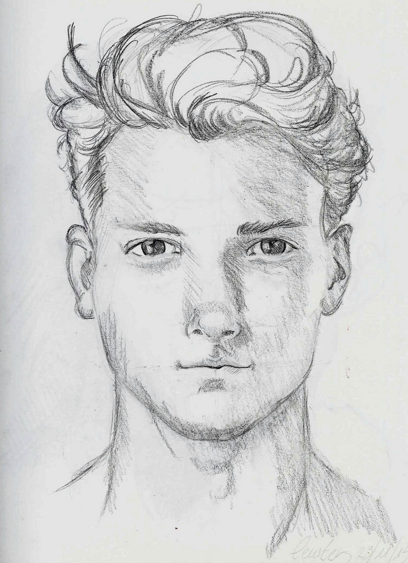 Hand-drawn pencil portrait of a young male with wavy hair, intense eyes, and a serious expression.