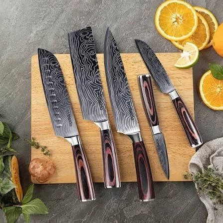 Set of damascus hand forged kitchen knives