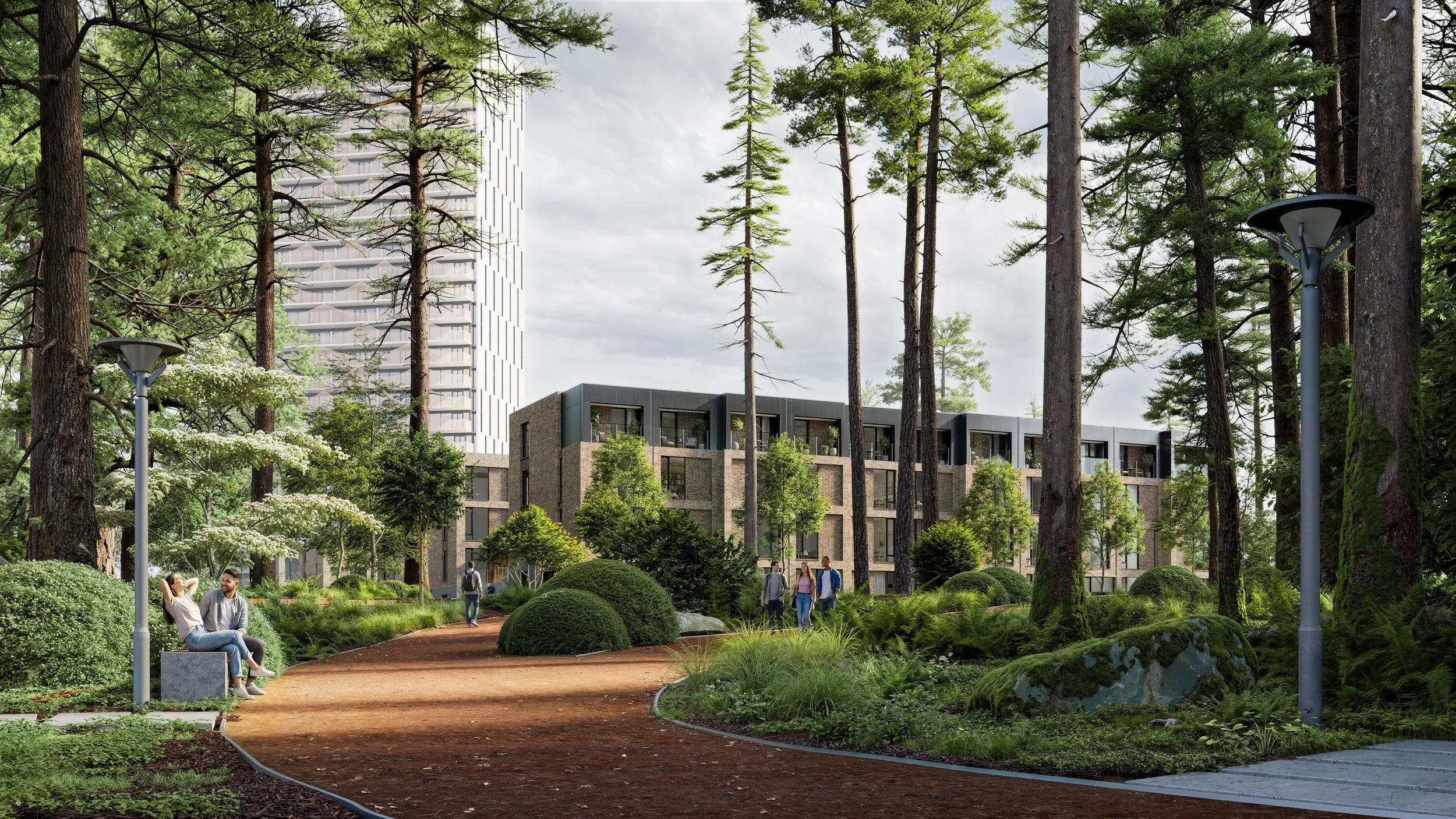 People walking and sitting in a lush green park with tall pine trees, modern apartment buildings, and a cloudy sky in the background.