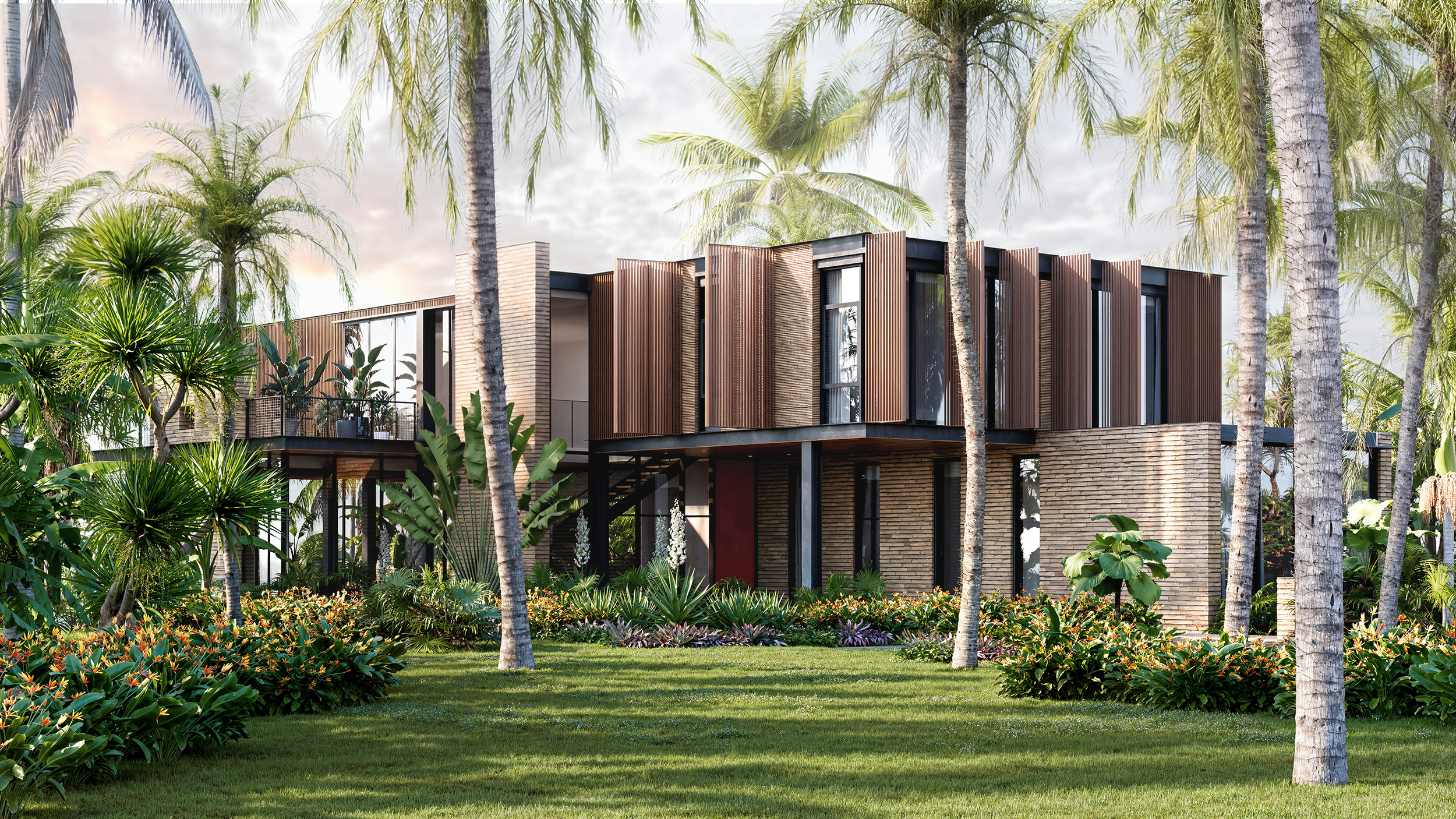 Modern two-story house surrounded by lush tropical plants and tall palm trees, with a well-maintained lawn.