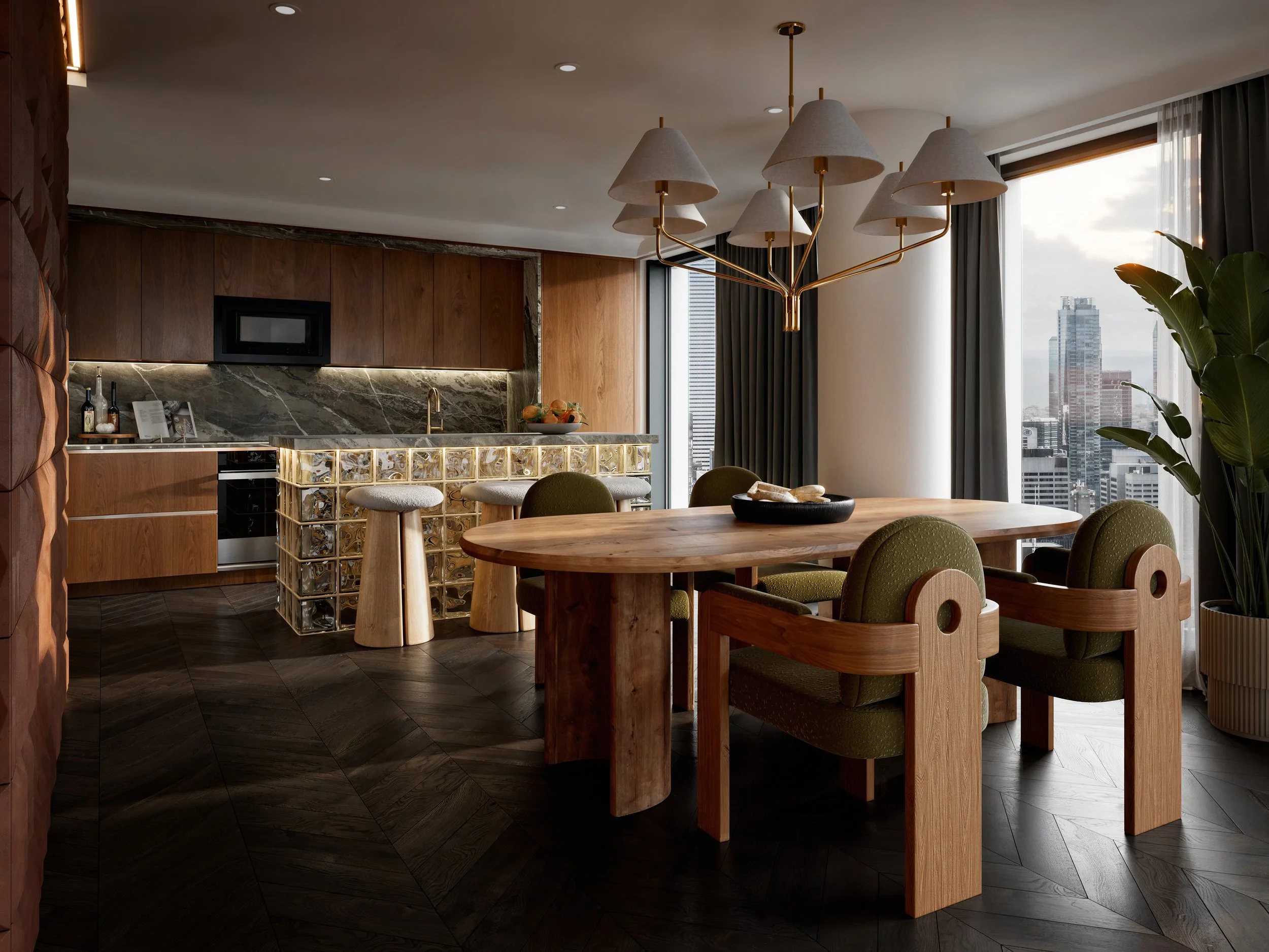 Modern high-rise apartment kitchen and dining area with city view, pendant lighting, wooden furniture, and green plants.
