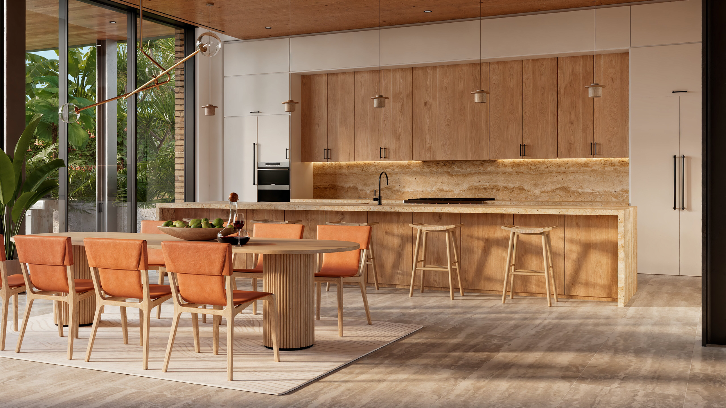 Modern open-concept kitchen and dining area with wooden cabinetry, a kitchen island, a dining table with orange chairs, and large sliding glass doors leading to greenery outside.