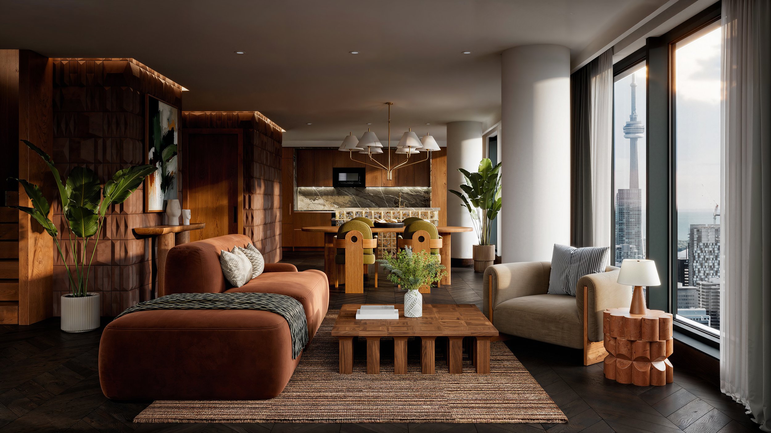 Modern living room with wooden accents, large windows, and cityscape view, featuring a pink sofa, beige armchair, green plants, and a marble kitchen backsplash.