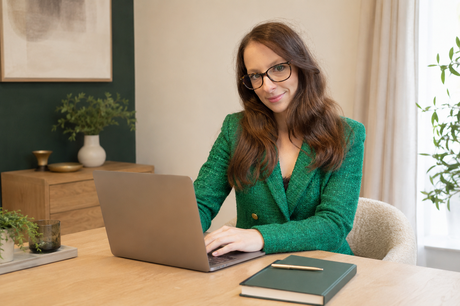 Veronika Westerheide mit Brille in einem grünen Blazer arbeitet an einem Laptop in einem modern eingerichteten Raum mit Pflanzen und Wandkunst.