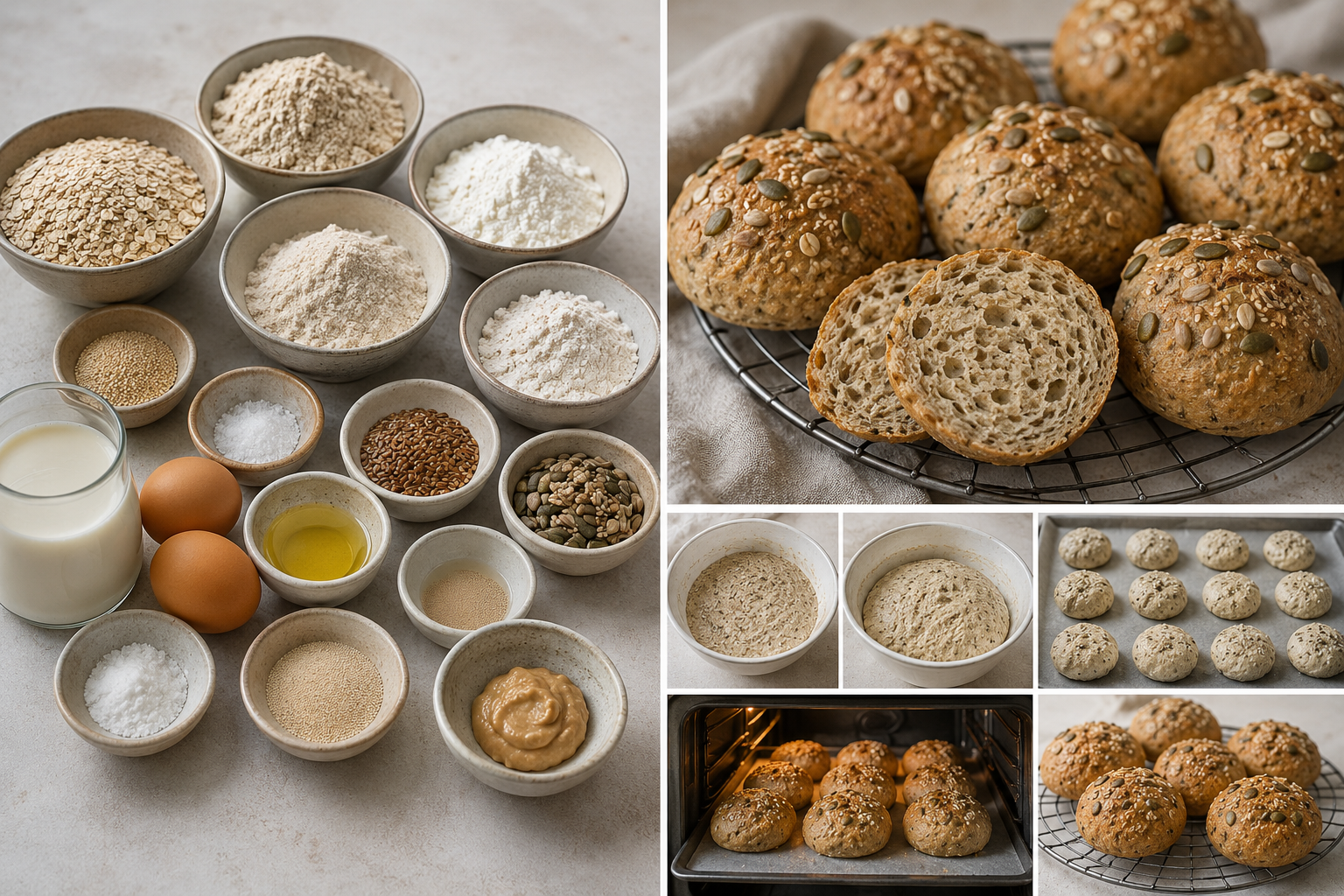 Frisch gebackene glutenfreie Vollkorn-Brötchen mit Körnern, Mehlen, Milchalternative, Eiern, Olivenöl, Nussmus, Hefe und Samen.