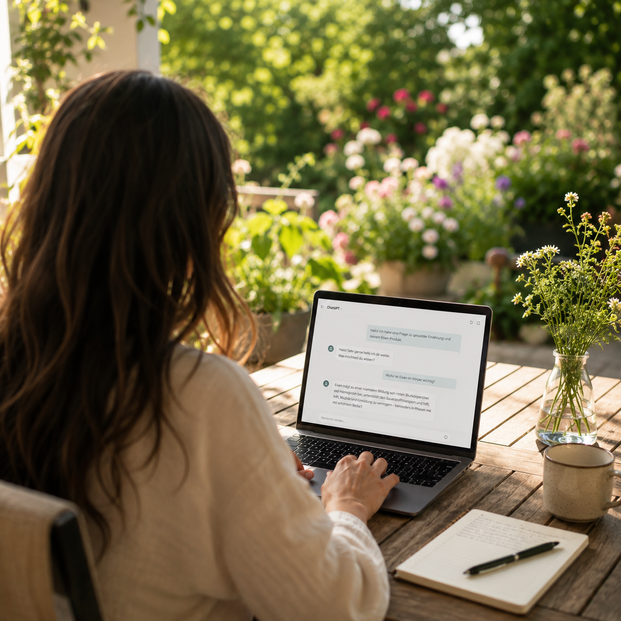 Frau mit langen braunen Haaren arbeitet an einem Laptop auf einem Holztisch im Garten, umgeben von bunten Blumen und grünen Büschen, bei Sonnenlicht.