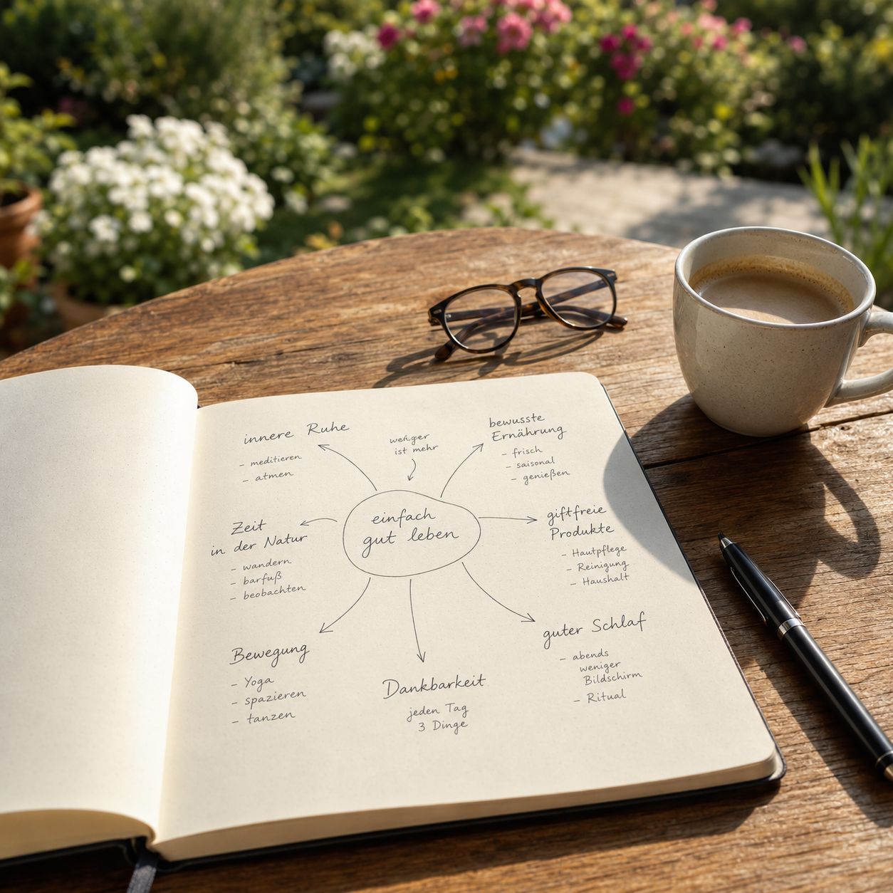 Notizbuch mit Mindmap zum Thema "einfach gut leben" auf einem Holztisch, daneben eine Tasse Kaffee, eine Brille, ein Kugelschreiber, im Hintergrund blühende Gartenpflanzen.
