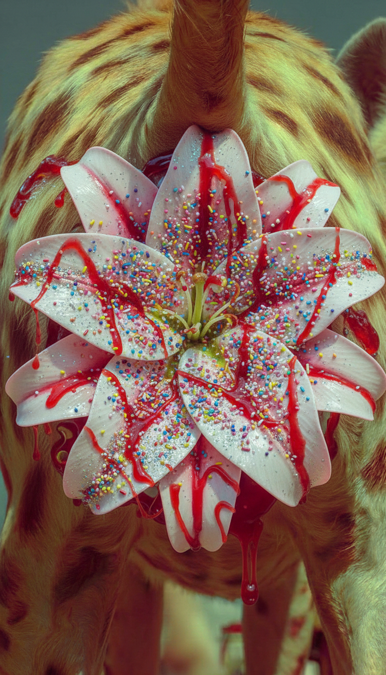 A hyena's rear covered in a large pink flower with colorful sprinkles and red syrup on the petals.