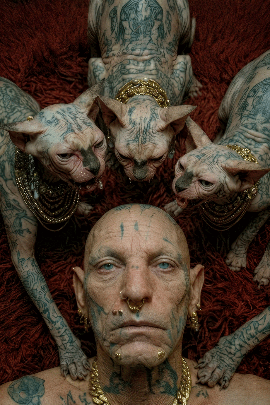 A person lying on a red furry surface surrounded by three Sphynx cats with tattoos and jewelry.