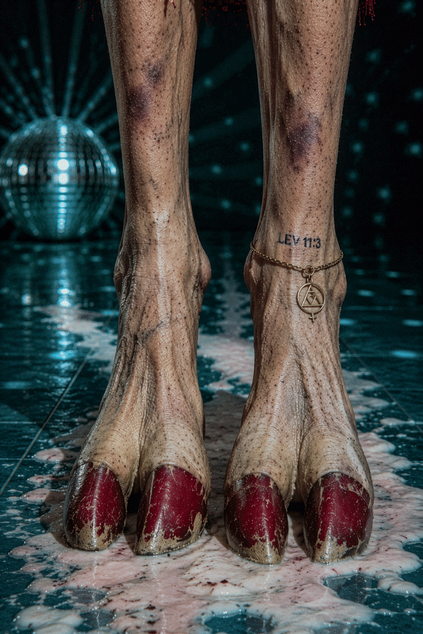 Close-up of cloven hoofs with red painted nails, with  Leviticus extract tattooed on one leg and a jewelry chain, standing in pink scum with a disco ball in the background.