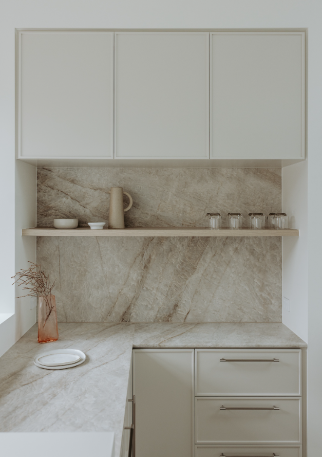 Taj Mahal quartzite on bench top and splashback to bring warmth and depth to a home