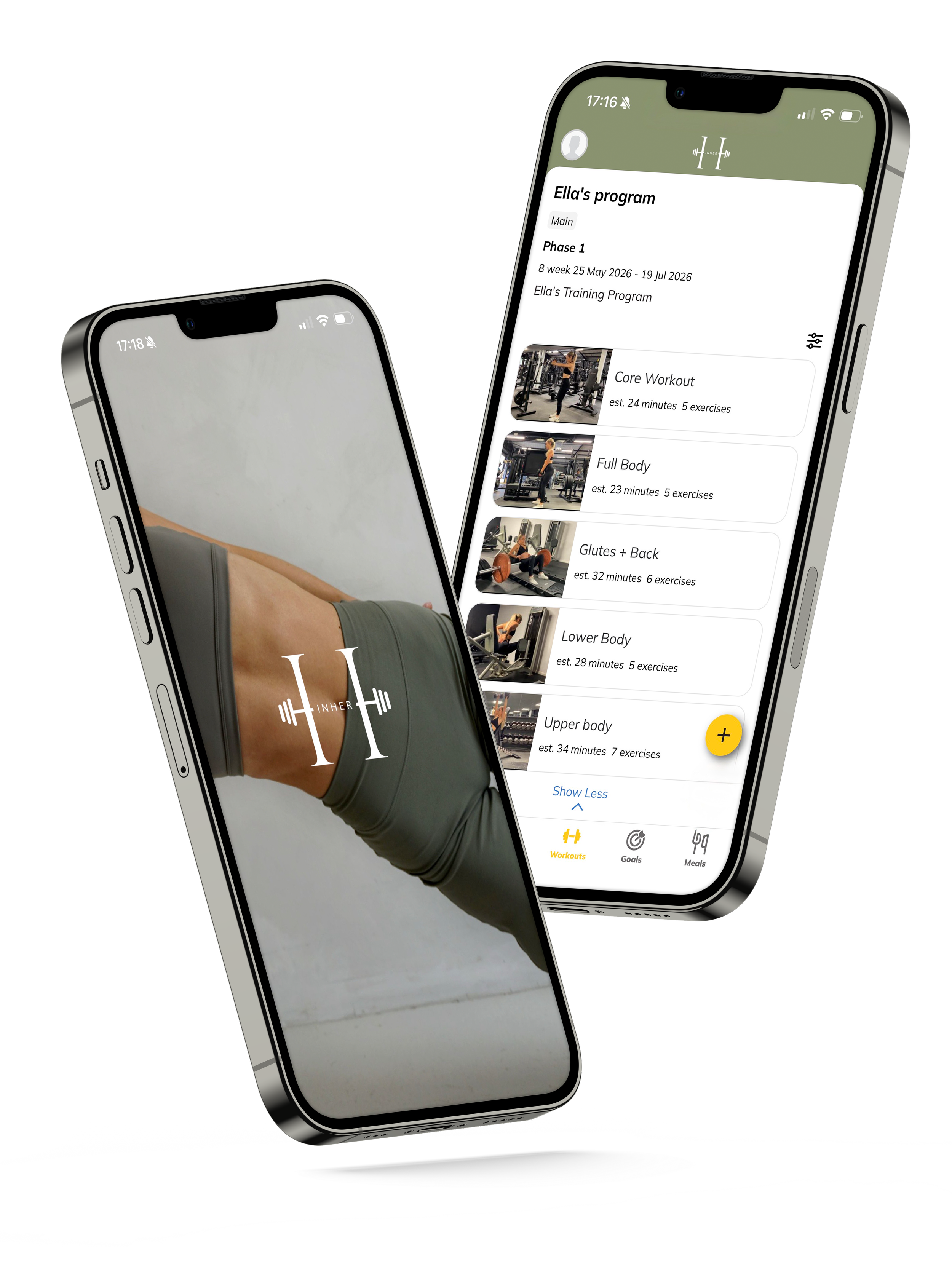 Smartphone displaying a workout app with various exercise routines, a workout photograph, and workout duration details.