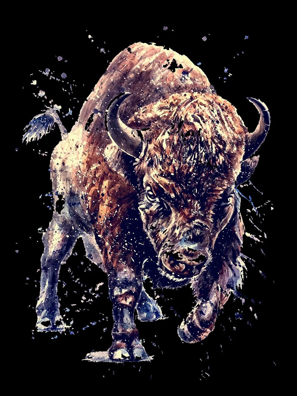 Abstract painting of a charging bison with splatters of paint on a black background.