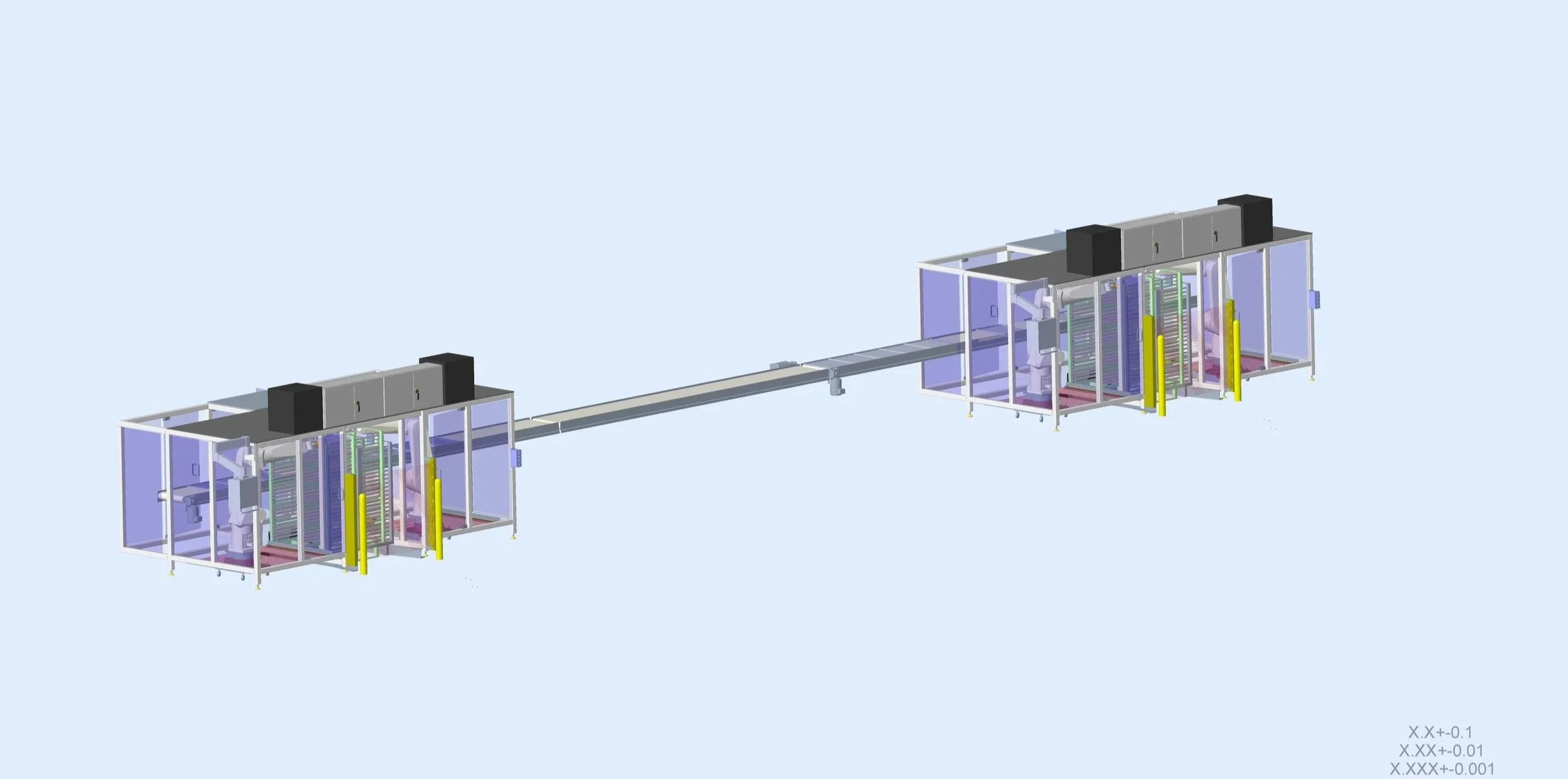 A digital rendering of an industrial automated assembly line with two enclosed workstations connected by a conveyor system, featuring robotic arms and safety barriers.