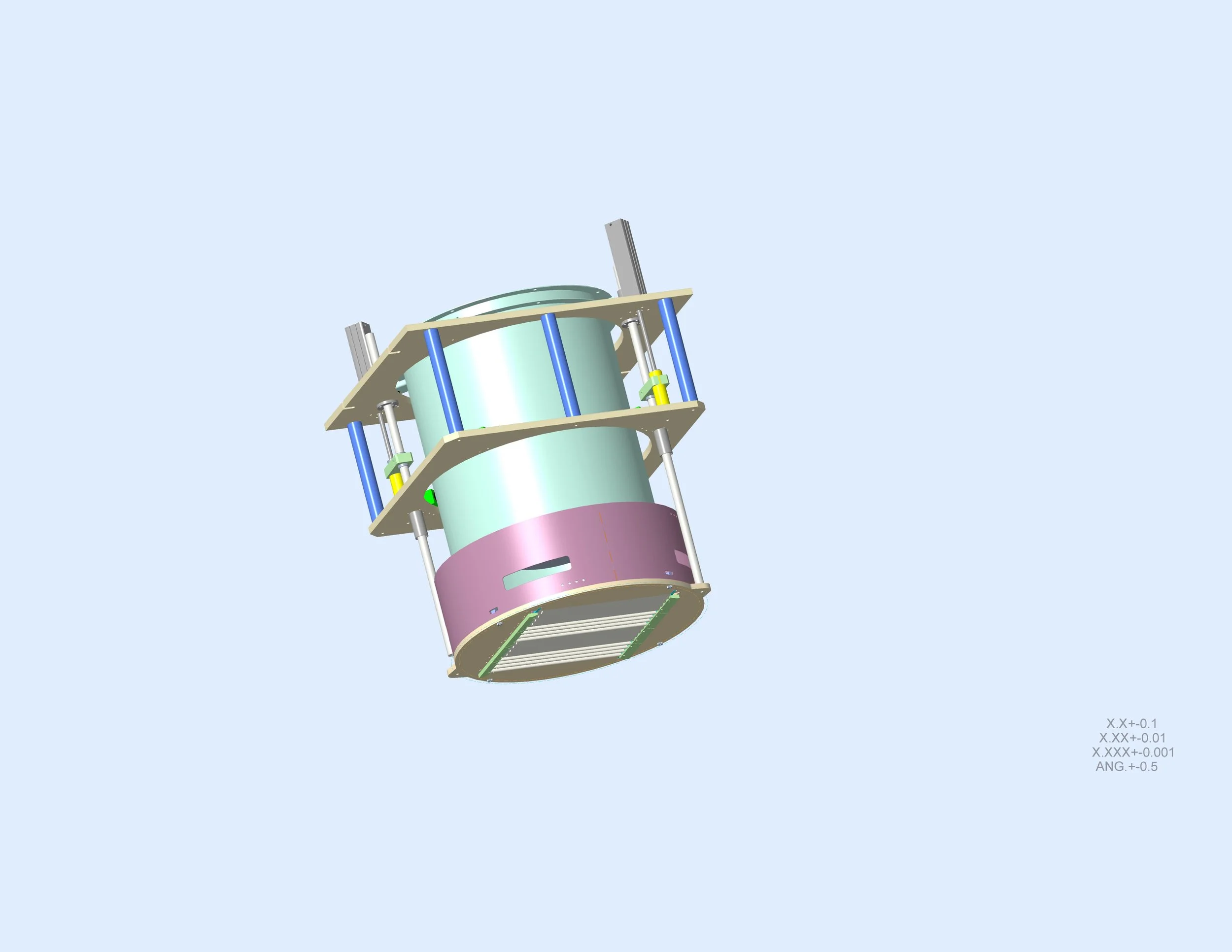 A digital rendering of a mechanical or electronic device with structural components, green, pink, and blue parts, and metal rods and green connectors against a light blue background.