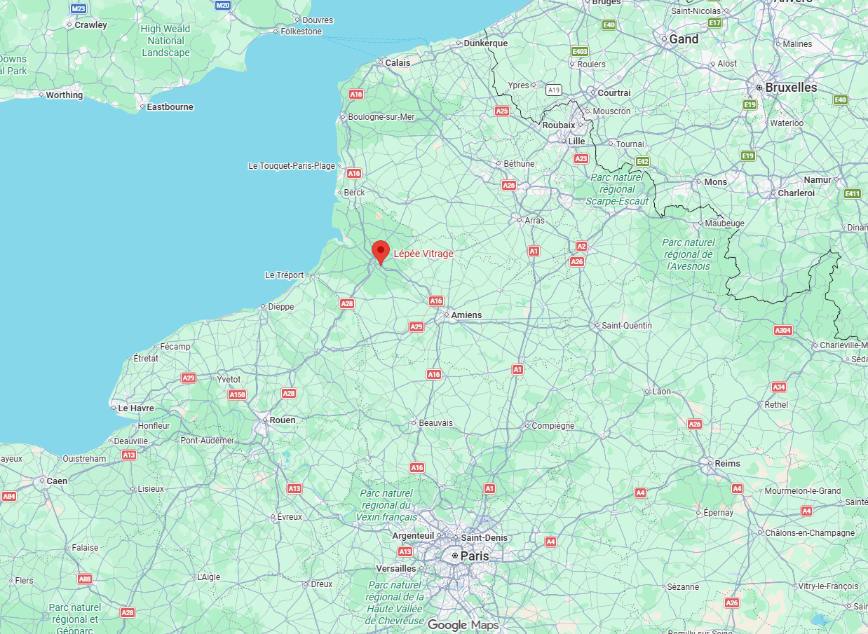 Carte montrant la région du nord de la France avec l'emplacement marqué par une pointe rouge pour Lépée Vitrage.