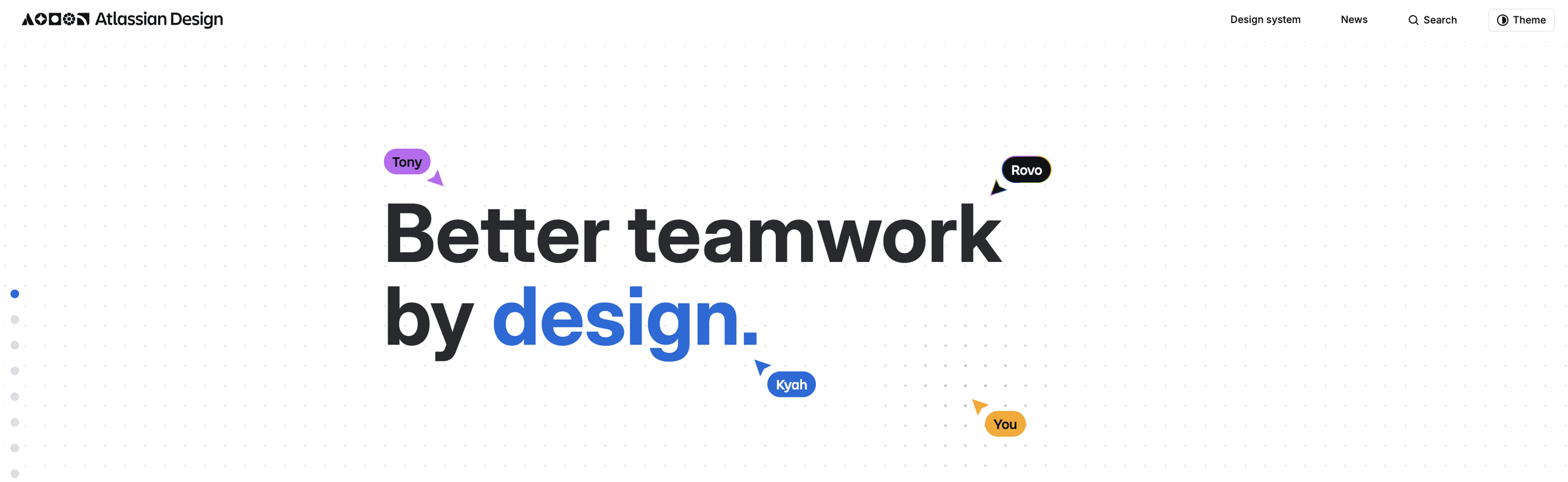 A webpage with the title 'Better teamwork by design' from Atlassian Design. The background has a light dotted pattern, and speech bubbles with names Tony, Rovo, Kyah, and You are positioned around the text.