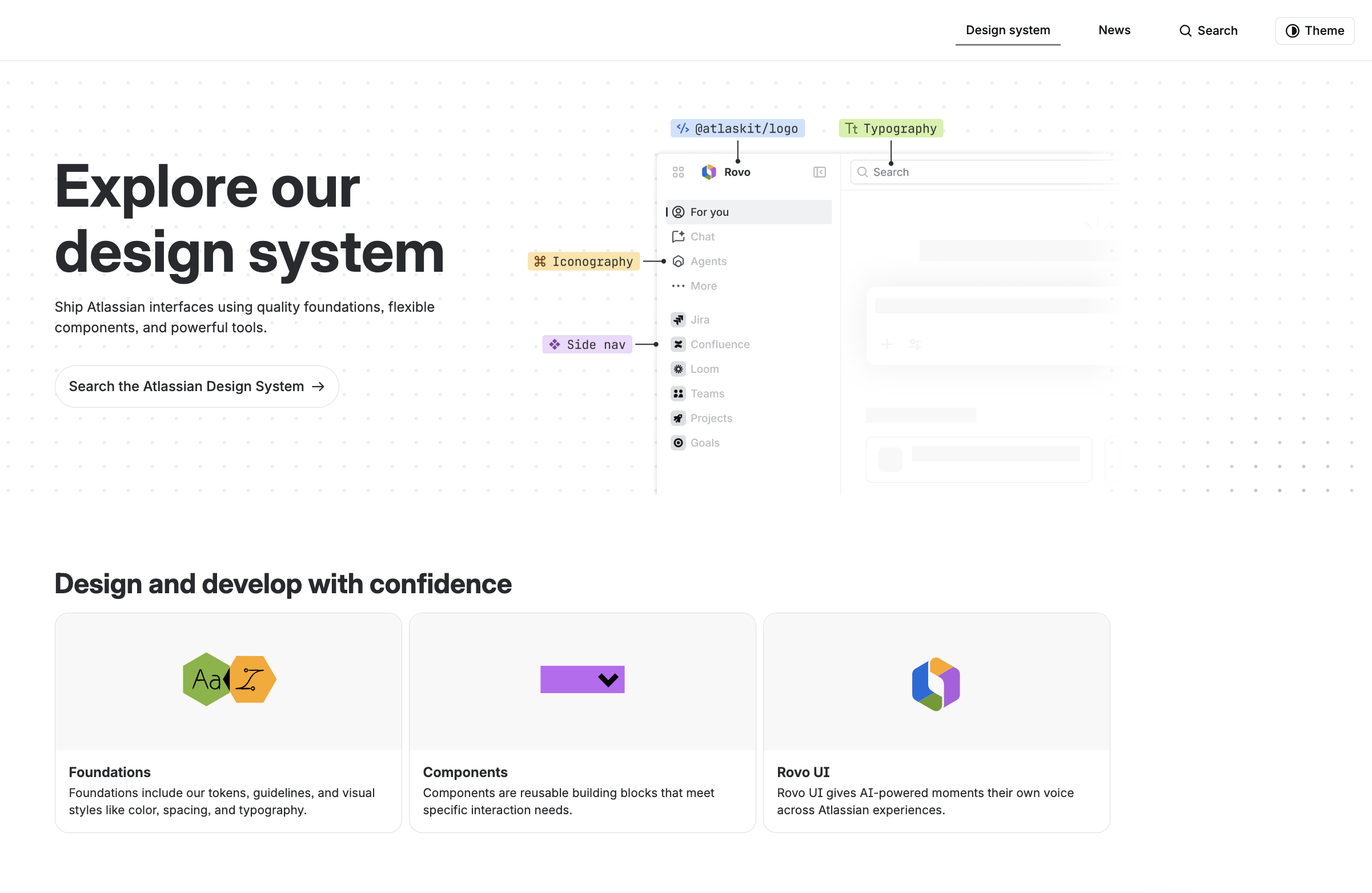 After the changes, the webpage about Atlassian design system with the headline "Explore our design system" and sections on foundations, components, and UI elements.