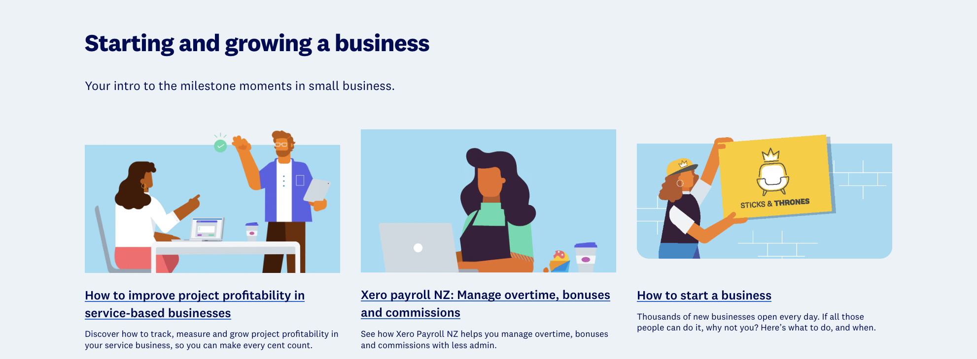 Illustration of three people discussing business, one holding a box with a logo that says "Sticks & Thrones".
