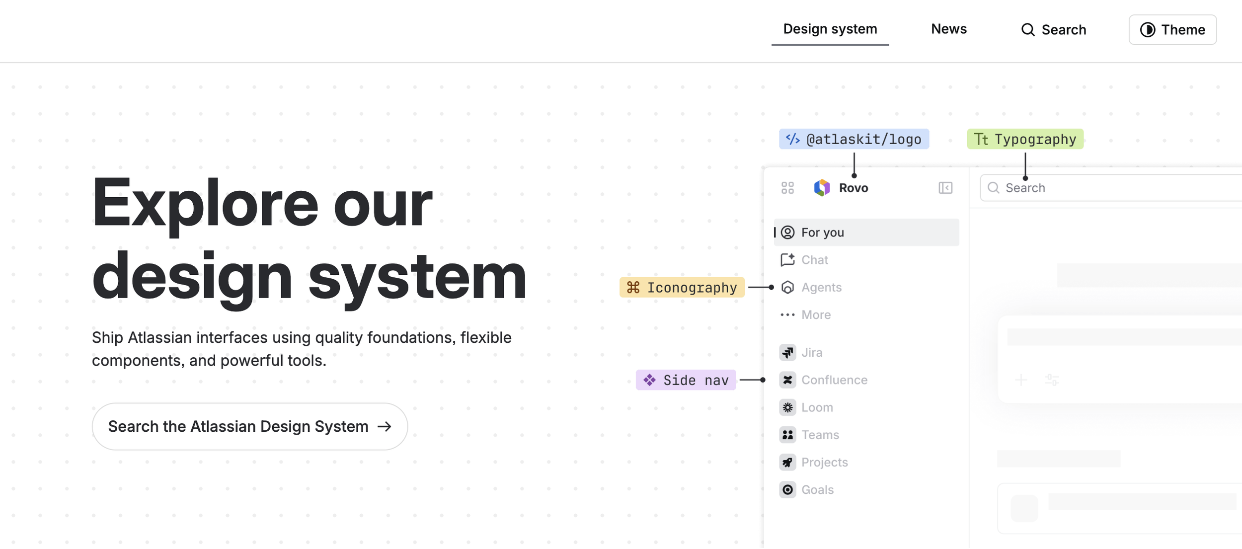 A webpage promoting an Atlassian design system, featuring a large heading 'Explore our design system', a subheading about Atlassian interfaces, a search button, and a screenshot of the design system interface with labels for logo, typography, iconography, and side navigation.