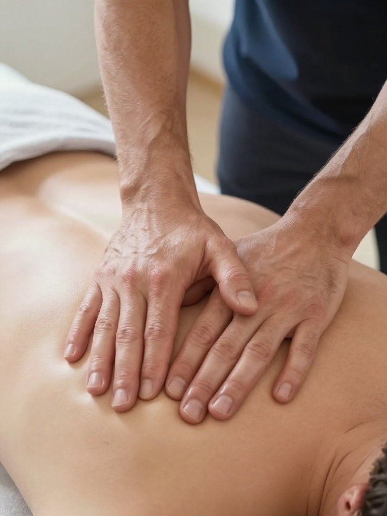 Person performing massage on a person lying face down, focusing on the upper back area.