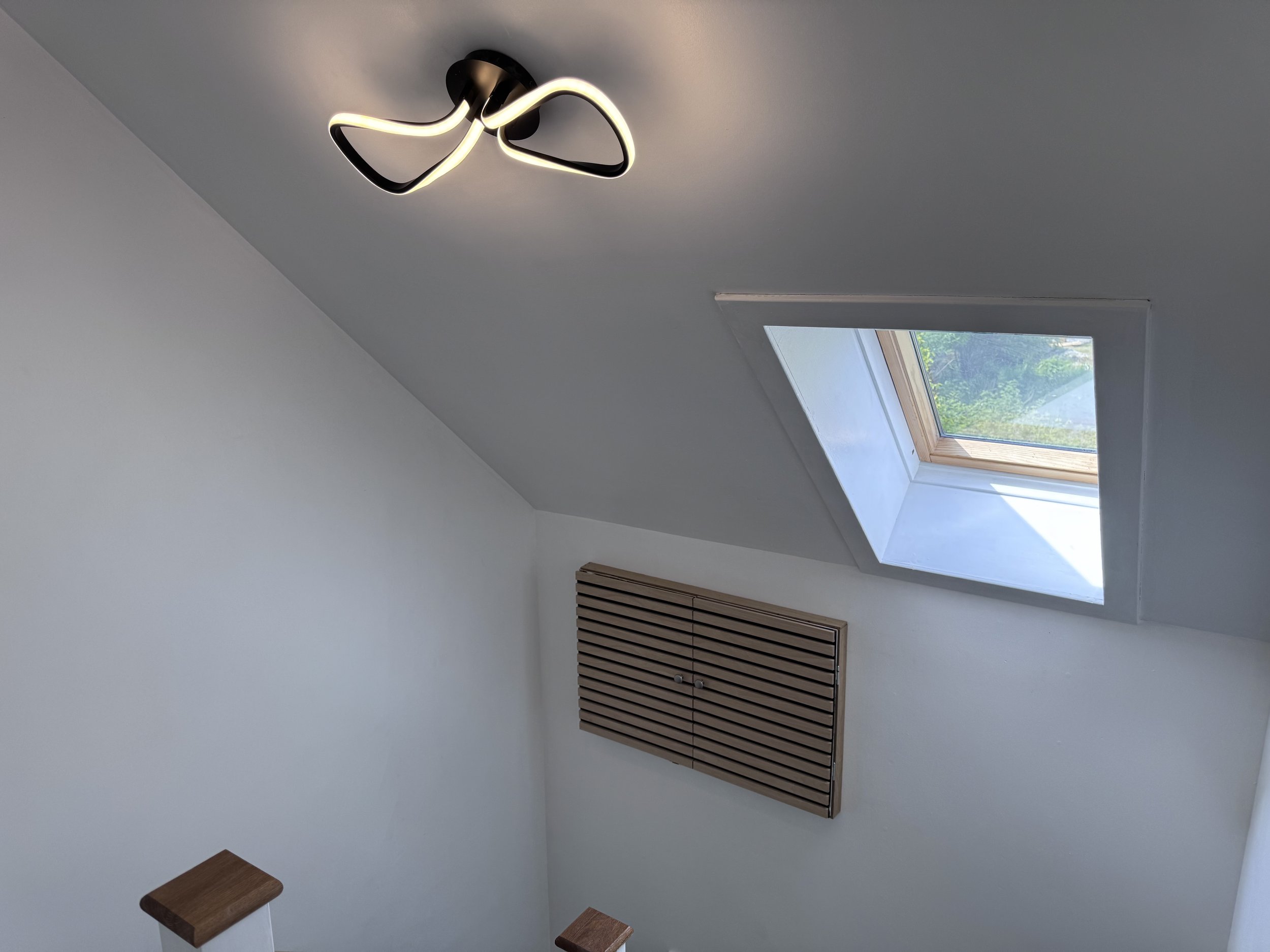Ceiling with modern black and white light fixture, skylight window showing greenery outside, and a wooden slatted radiator cover on white walls.