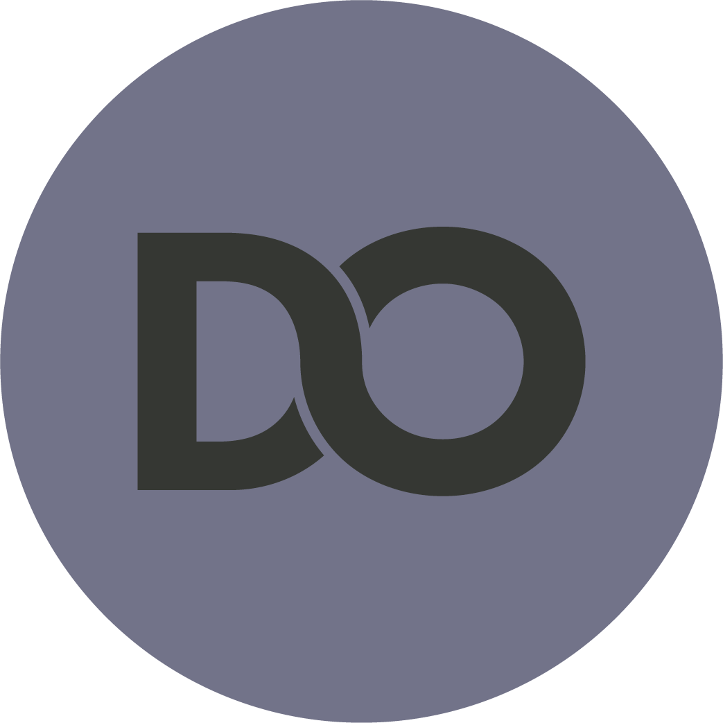 Logo with the letters 'DO' in black on a gray circular background.
