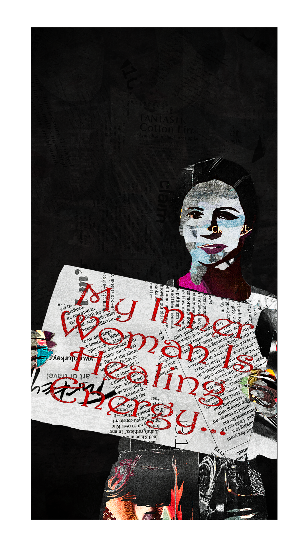 An artistic collage of a woman reading a newspaper, with a black background, stylized face, and bright colors. Overlaid with red text reading "If you don’t understand, then by all means, try again."