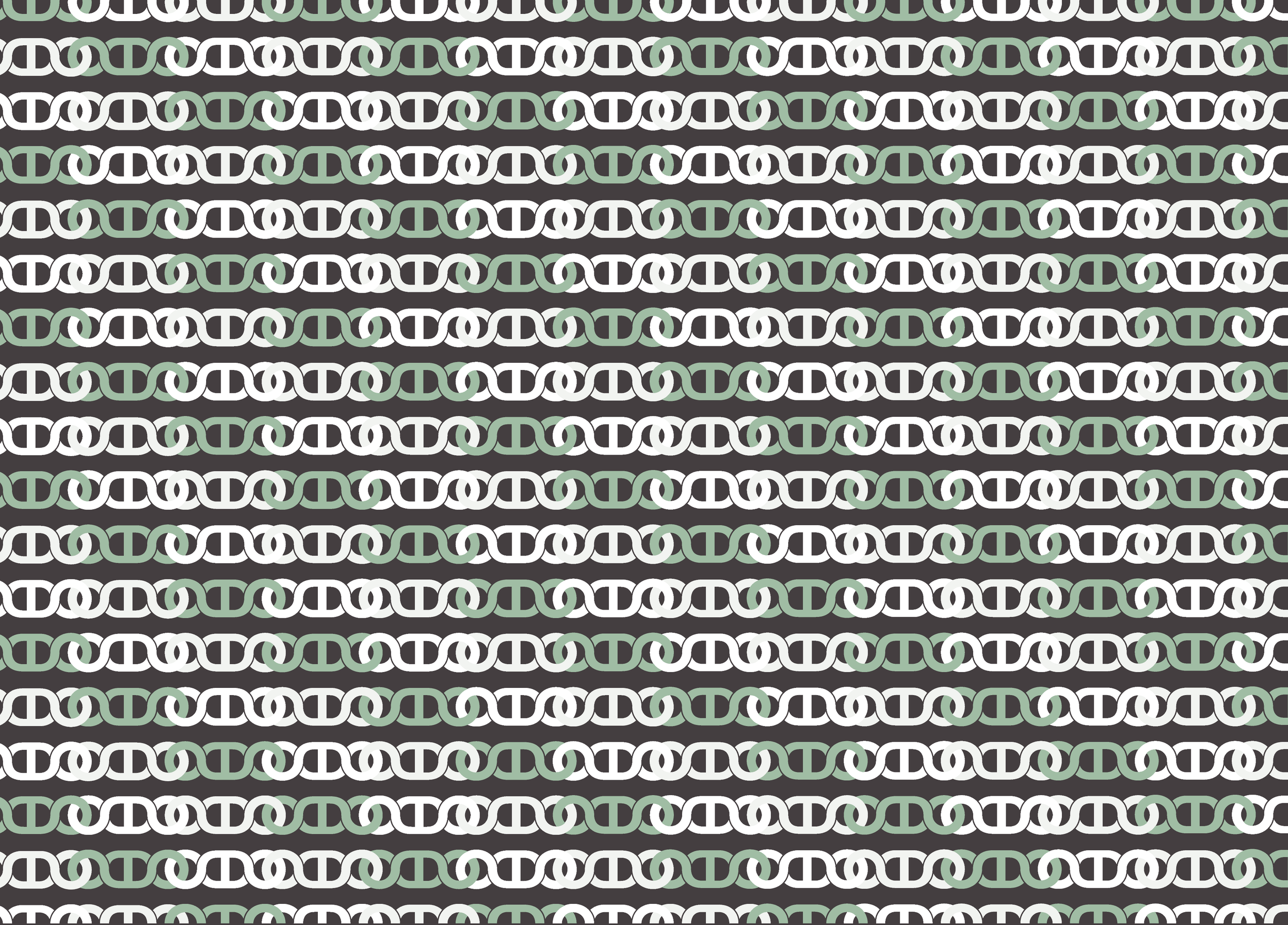 Pattern of interlinked chains in white and green on a black background.