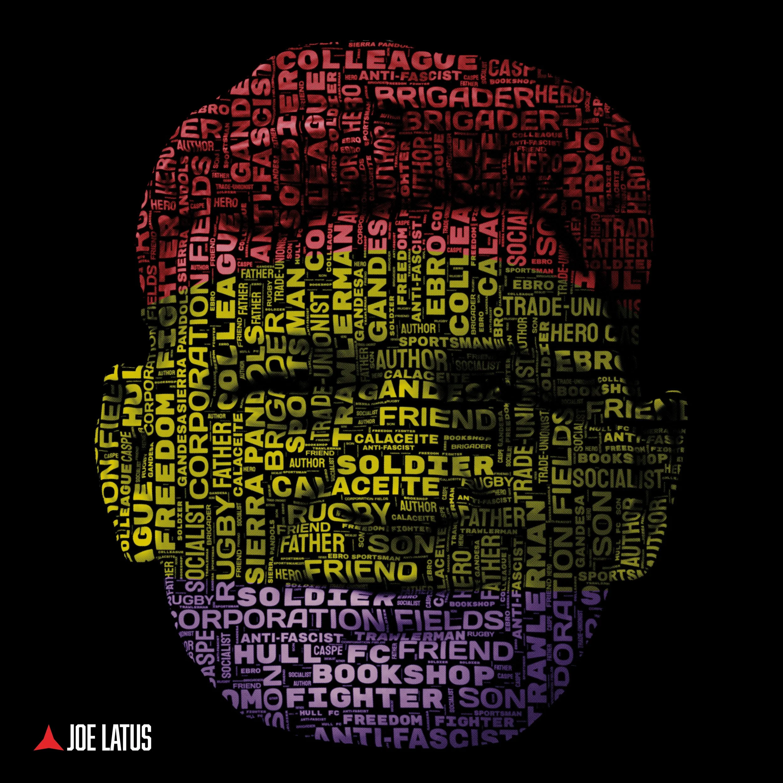 A word cloud in the shape of a person’s head composed of words related to activism, social issues, and personal qualities, with a color gradient from yellow to purple and a black background. The bottom left corner has a red arrow icon and the name 'Joe Latus'.