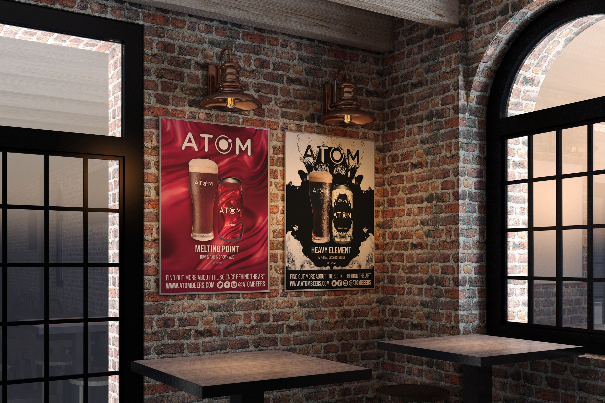 Interior of a brick-walled room with two posters about beers titled 'Melting Point' and 'Heavy Element,' featuring images of beers and information about the science behind their art.