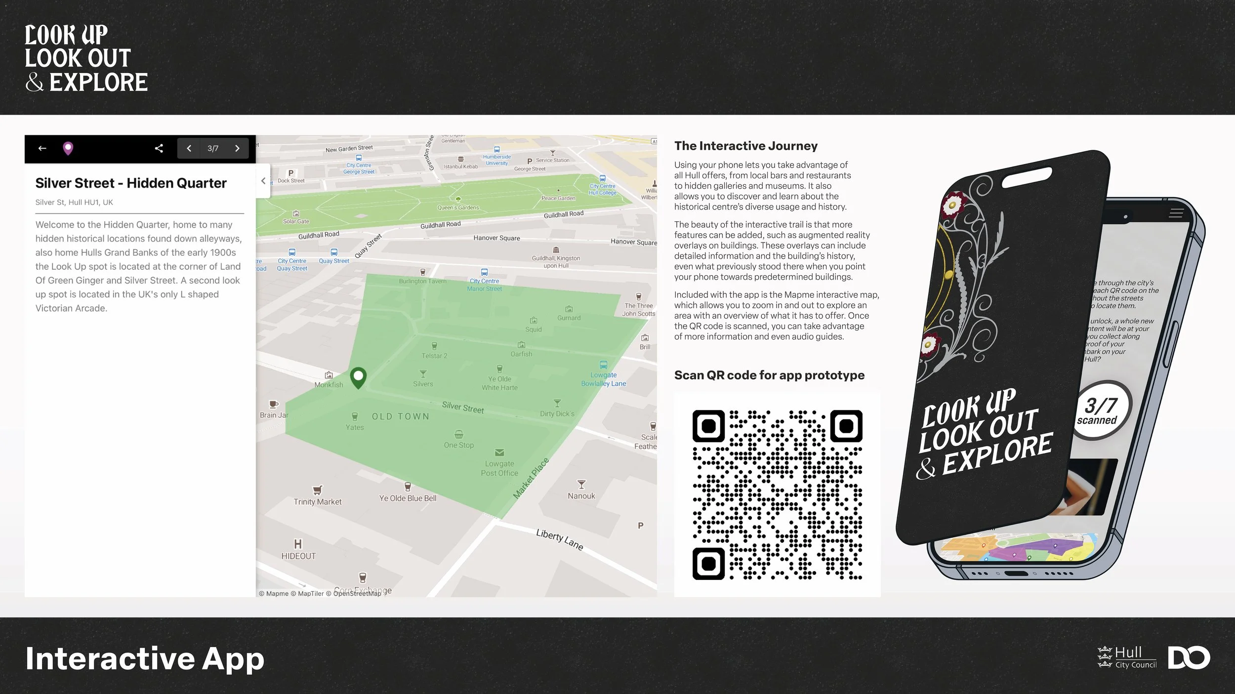 Map showing Silver Street - Hidden Quarter in Hull, UK, with a detailed description of the area and nearby landmarks, accompanied by an embedded QR code and promotional content for an interactive app exploring Hull's history.