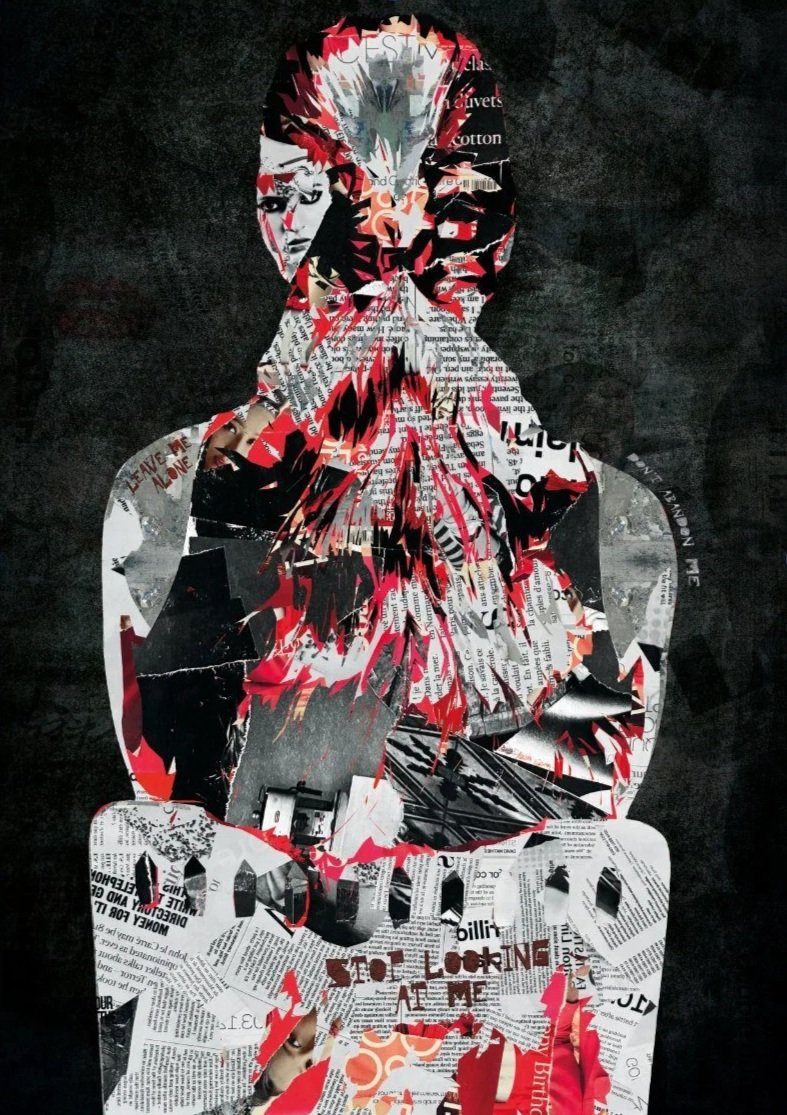 Collage of a person with a long beard made from torn magazine and newspaper pieces, holding a mug with the text "Just Looking At Me." The background is black.