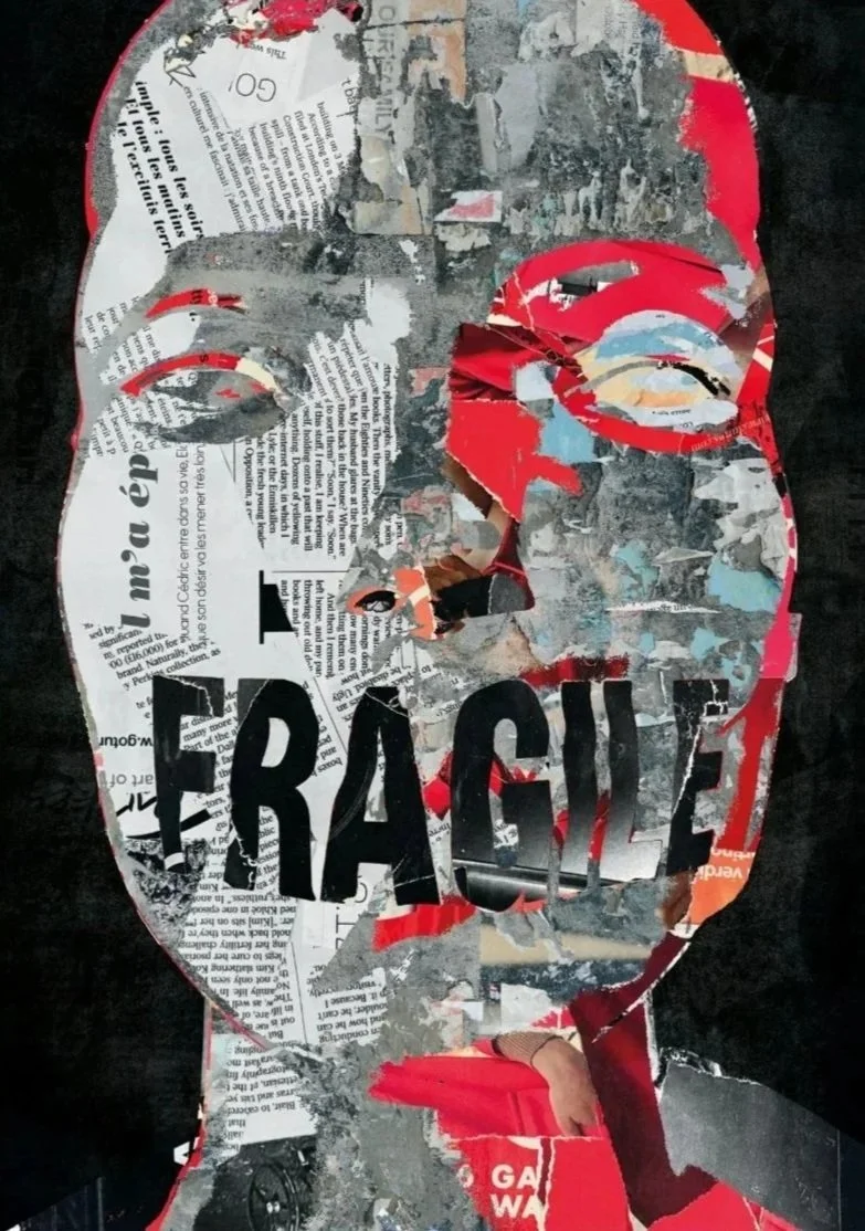 A mixed media collage with torn newspaper and magazine clippings forming a portrait of a person's face, with the word 'FRAGILE' overlaid in bold black letters.