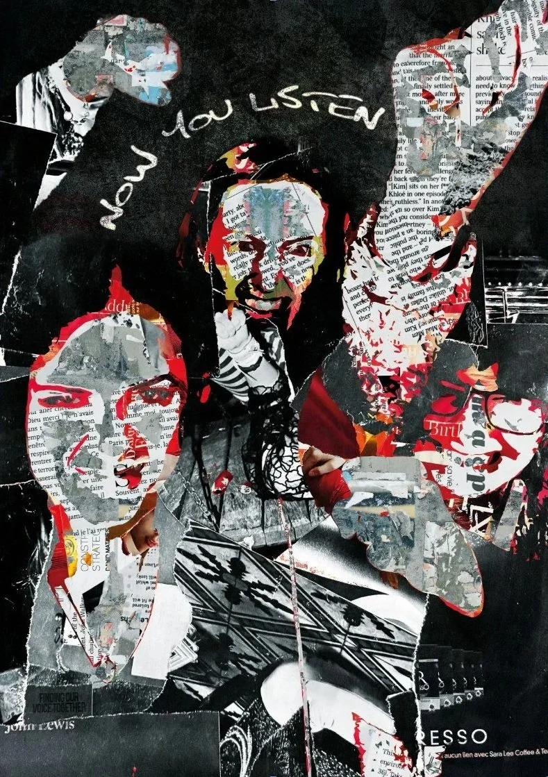 A collage-style poster featuring portraits of three women made from cut-out magazine and newspaper clippings, with the text "New Western" written above.