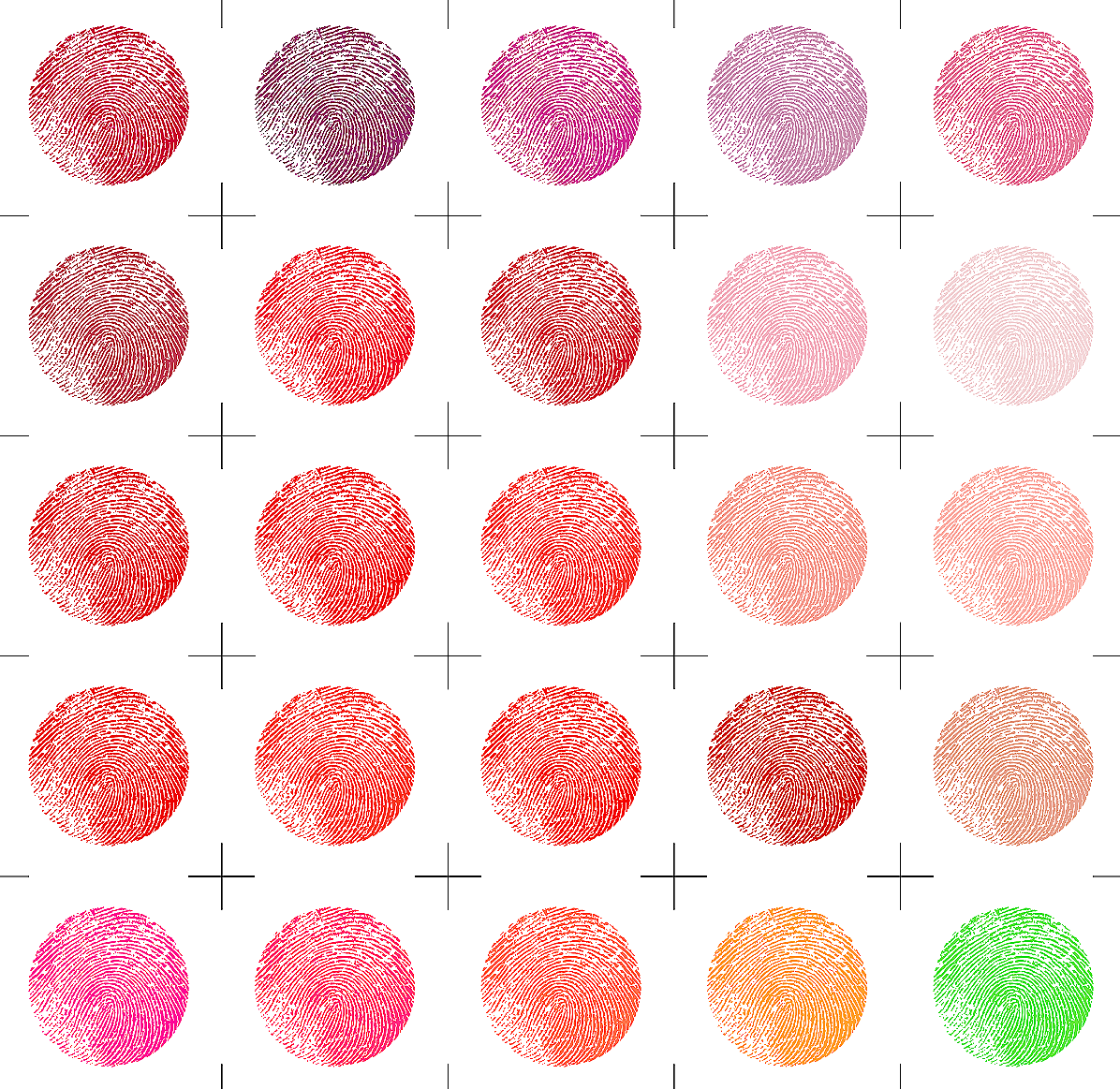 A grid of 25 fingerprint images arranged in five rows and five columns, varying in color from red, purple, pink, peach, to green.