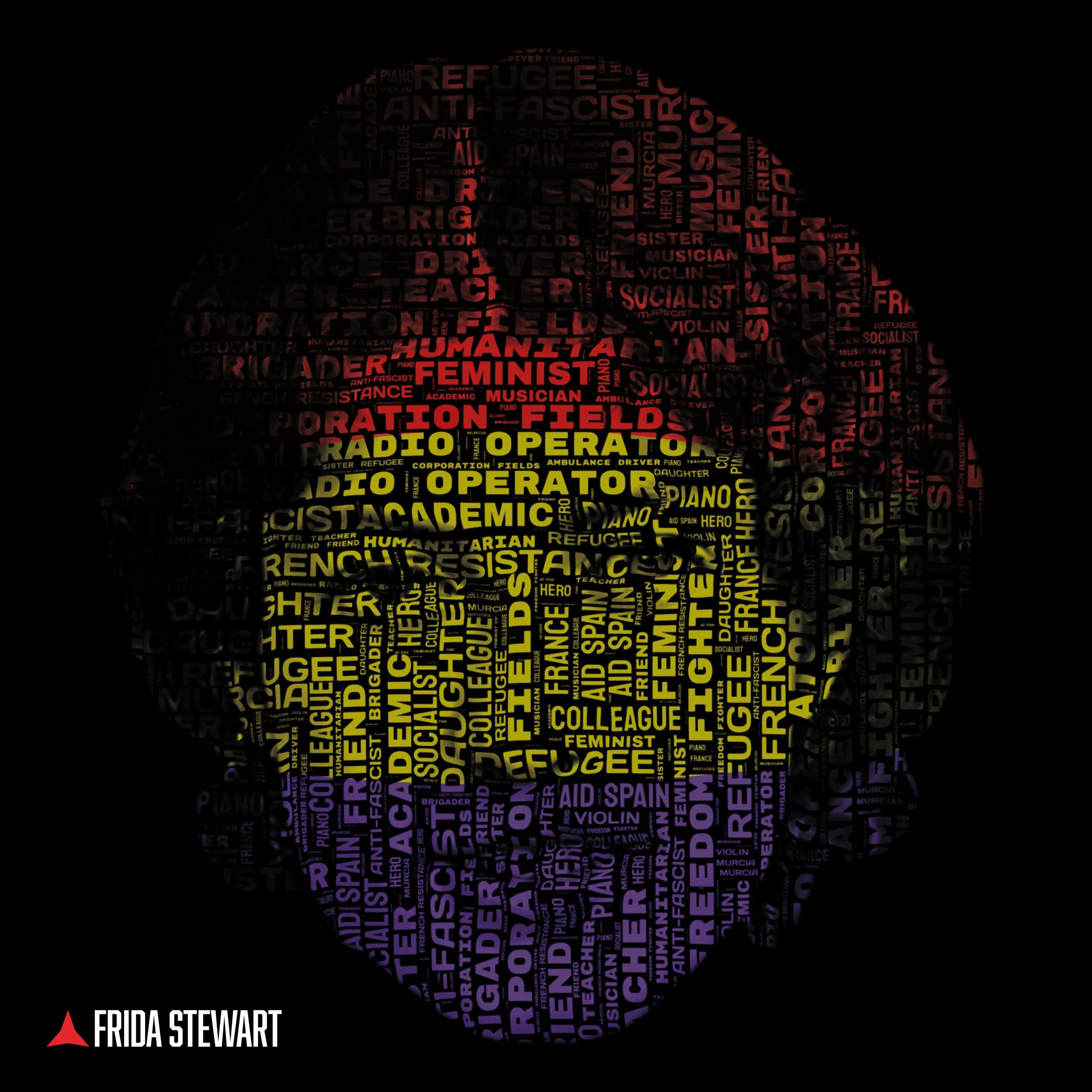 A portrait made of words in various colors including red, yellow, purple, and white. The words form the shape of a person's head and shoulders. The words include names and terms such as 'Feminist,' 'Radio Operator,' 'Refugee,' 'Teacher,' and many others. In the bottom left corner, there is a red logo and the name 'Frida Stewart.'