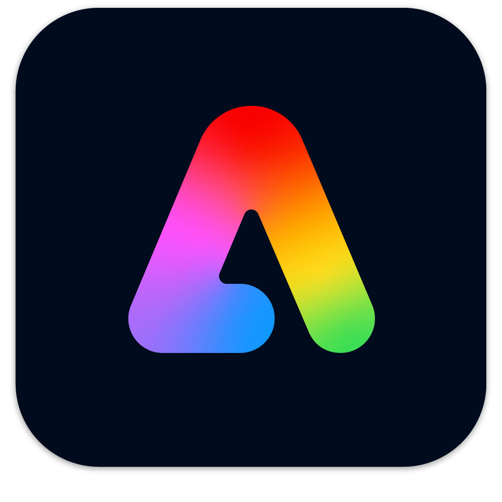 Colorful gradient app icon with a stylized letter 'A' on a black background.