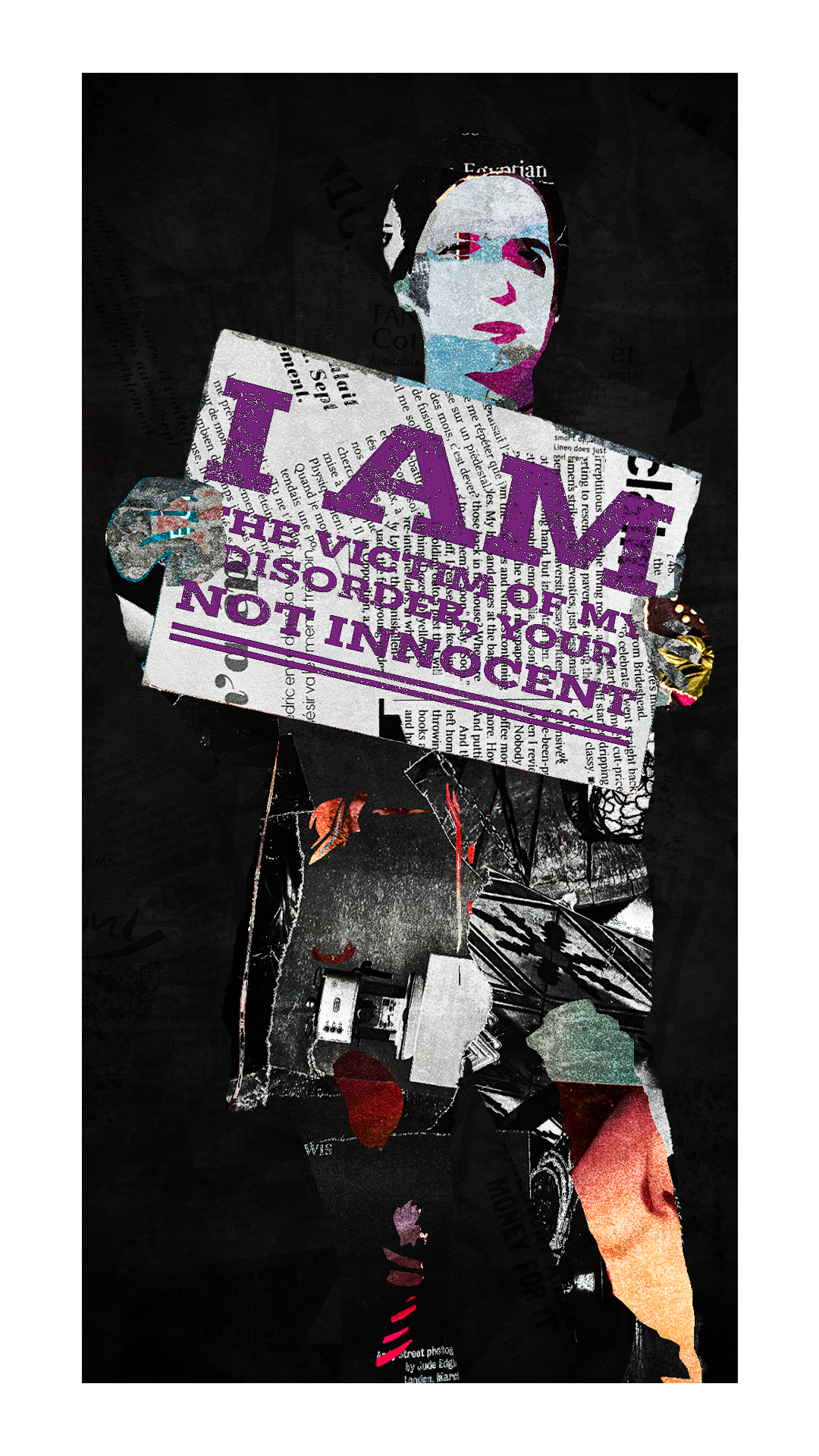 Collage of a woman holding a newspaper with the headline "La La" and text about disobedience, with various abstract and textured background elements.