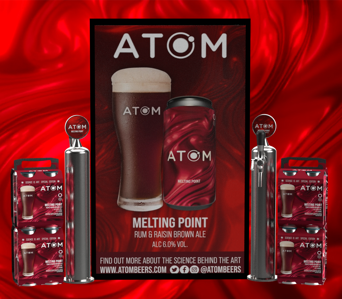 Promotional display of Atom Melting Point Rum & Raisin Brown Ale with two cans and two glasses filled with the beer, surrounded by packaging and taps, all on a red swirling background.