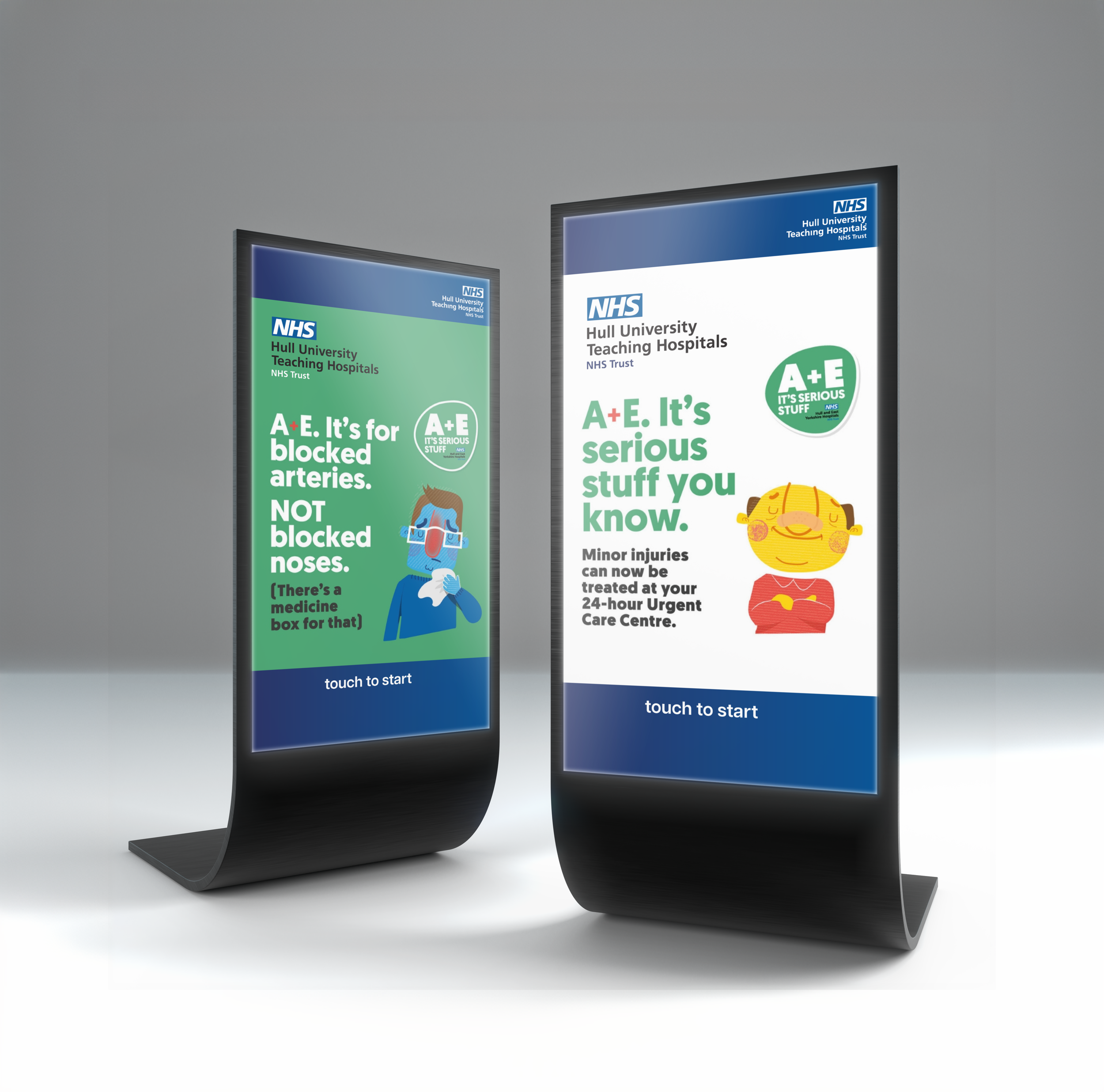 Digital display screens with NHS Hull University Teaching Hospitals branding and health-related information, mounted on a grey wall.