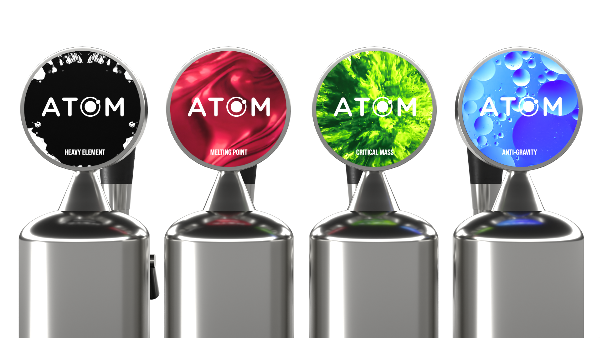 Four metallic security tokens with digital displays showing different atomic themes: heavy element in black, melting point in red, critical mass in green, and anti-gravity in blue, connected to black stands.