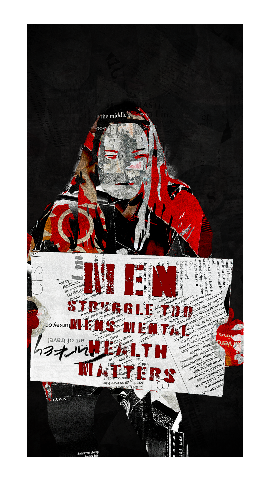 A collage-style graphic featuring a woman with long hair, red and black clothing, and a distressed face, holding a newspaper or flyer with red text that reads 'Lend Support to Women's Mental Health'. The background is dark with layered newspaper clip