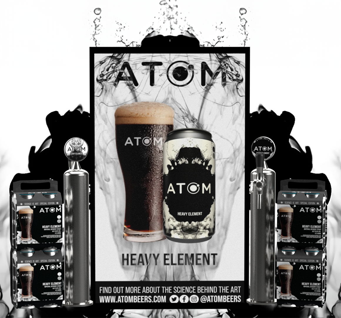 Display advertisement for Atom Beer with a background of black ink in water. Two cans of Atom Heavy Element beer, one can and one glass filled with dark beer, are centered in front of the ad. The ad features Atom's logo and branding, with-packaged be