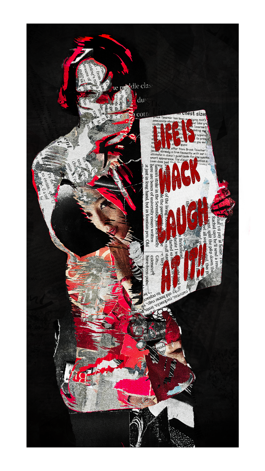 An artistic collage of a woman with dark hair and a woman with curly hair, with overlaying text that says 'LIFE'S MACK LAUGH!'