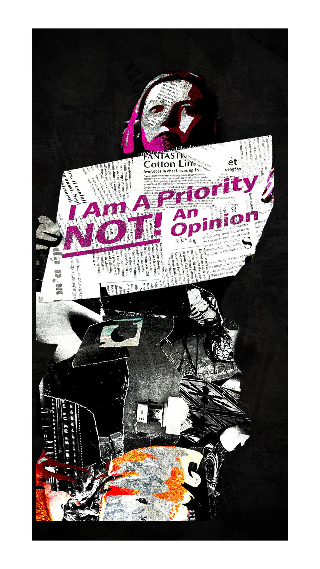 Collage of black and white photos with colored text and illustrations, including a woman reading a newspaper with the words 'I Am A Priority! NO! An Opinion' in pink.