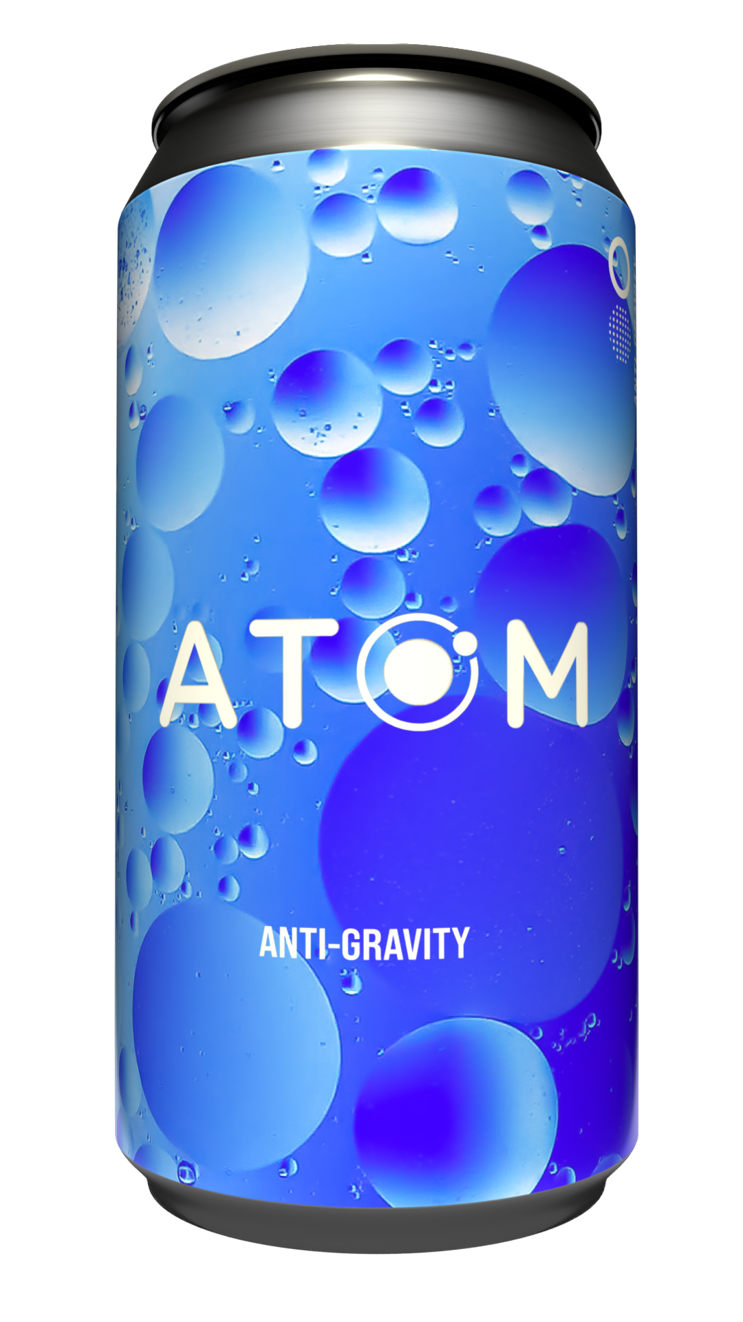 A can of Atom Anti-Gravity beverage with a blue bubble design on the label.
